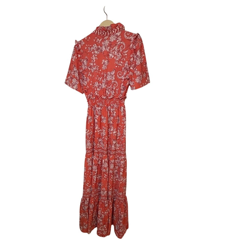 Max Studio London Coral Floral Maxi Dress Smocked Waist Boho Tiered Small - Picture 2 of 4